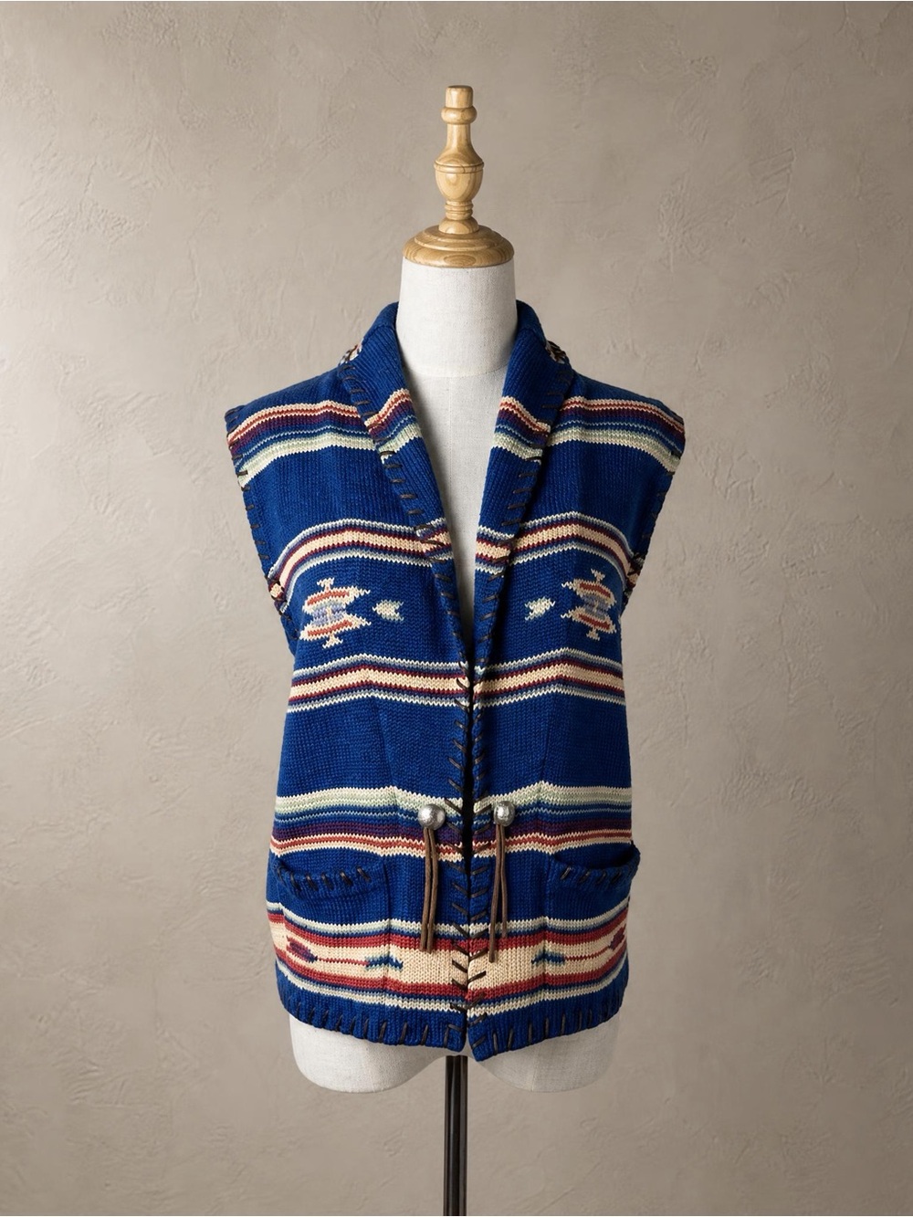 Ralph Ralph Lauren c. 1990s Leather Trim Sweater Vest Chimayo Print Navy | L